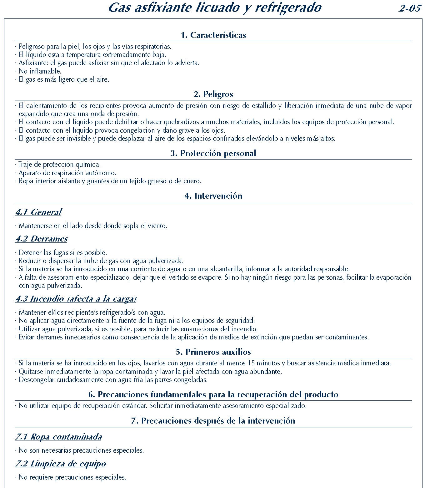 MERCANCIAS PELIGROSAS 104 FICHA 2-05 GAS ASFIXIANTE LICUADO REFRIGERADO FICHAS EMERGENCIA 2004