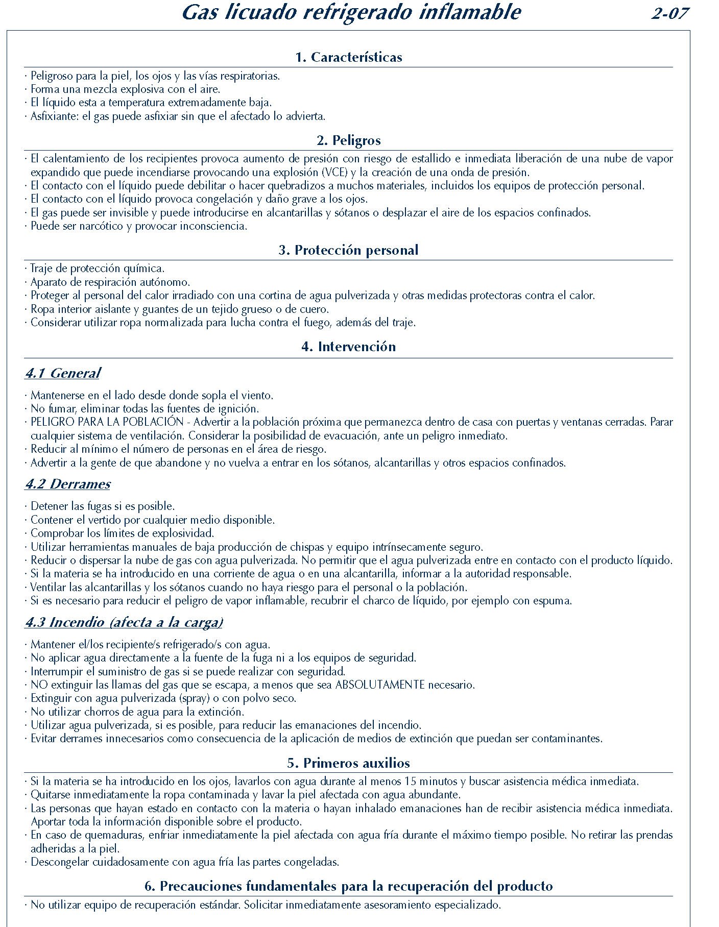 MERCANCIAS PELIGROSAS 106 FICHA 2-07 GAS LICUADO REFRIGERADO INFLAMABLE FICHAS EMERGENCIA 2004