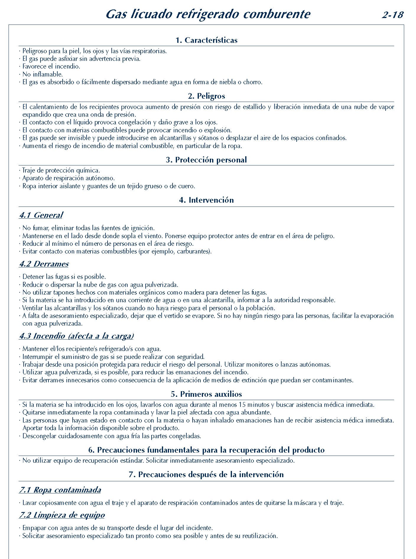 MERCANCIAS PELIGROSAS 124 FICHA 2-18 GAS LICUADO REFRIGERADO COMBURENTE FICHAS EMERGENCIA 2004