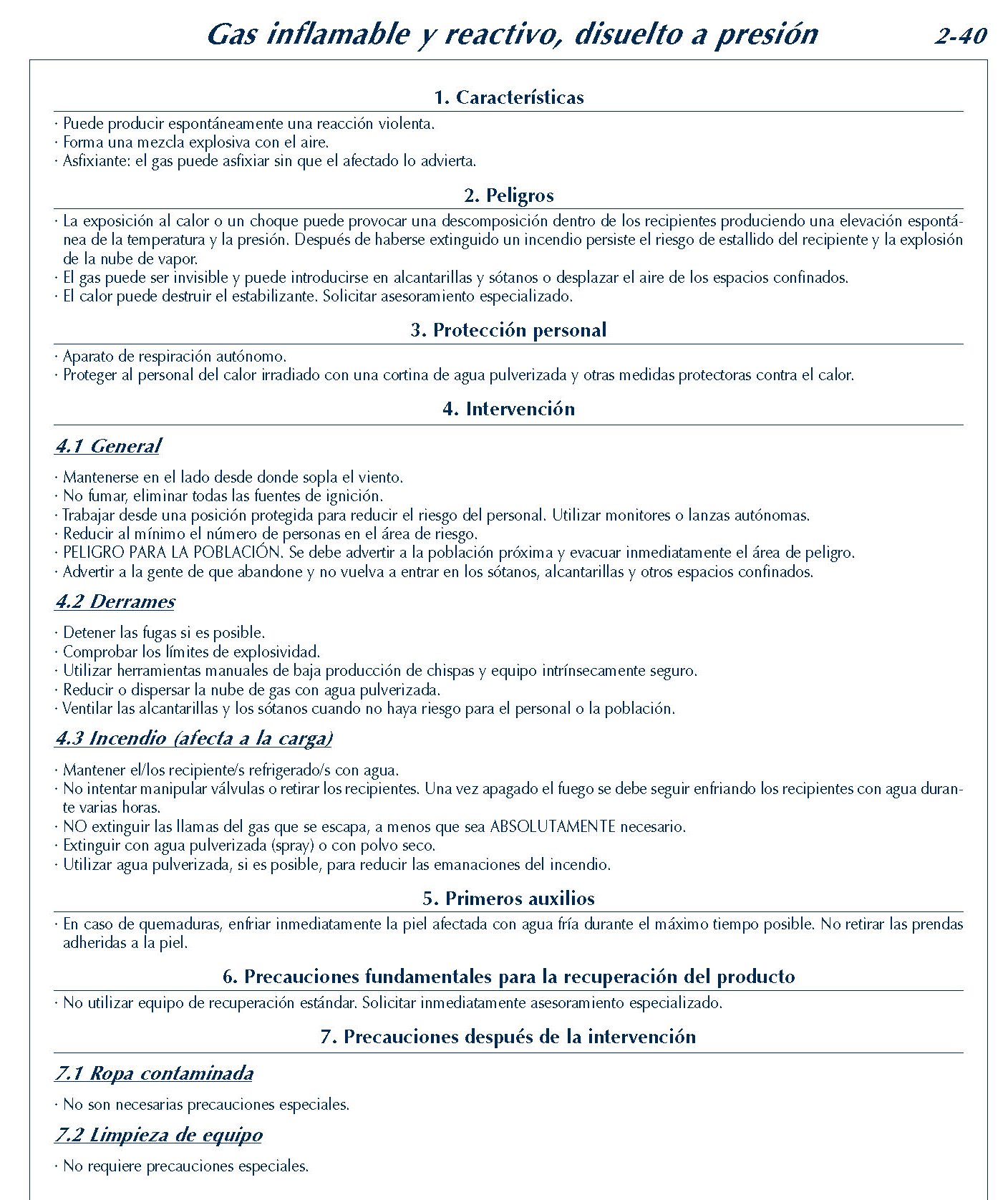 MERCANCIAS PELIGROSAS 142 FICHA 2-40 GAS INFLAMABLE REACTIVO DISUELTOA PRESION FICHAS EMERGENCIA 2004