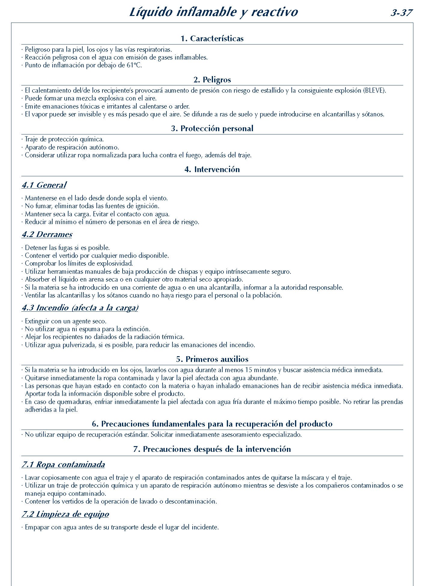 MERCANCIAS PELIGROSAS 182 FICHA 3-37 LIQUIDO INFLAMABLE REACTIVO FICHAS EMERGENCIA 2004