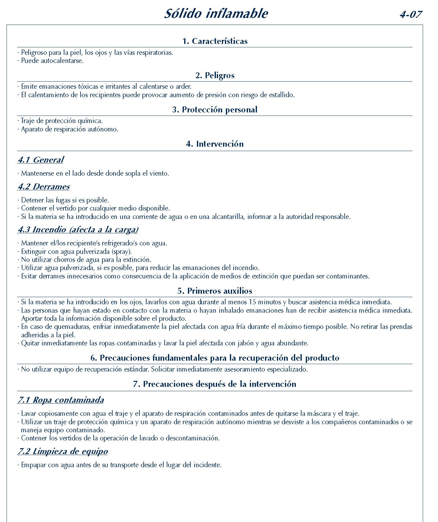 MERCANCIAS PELIGROSAS 191 FICHA 4-07 SOLIDO INFLAMABLE FICHAS EMERGENCIA 2004