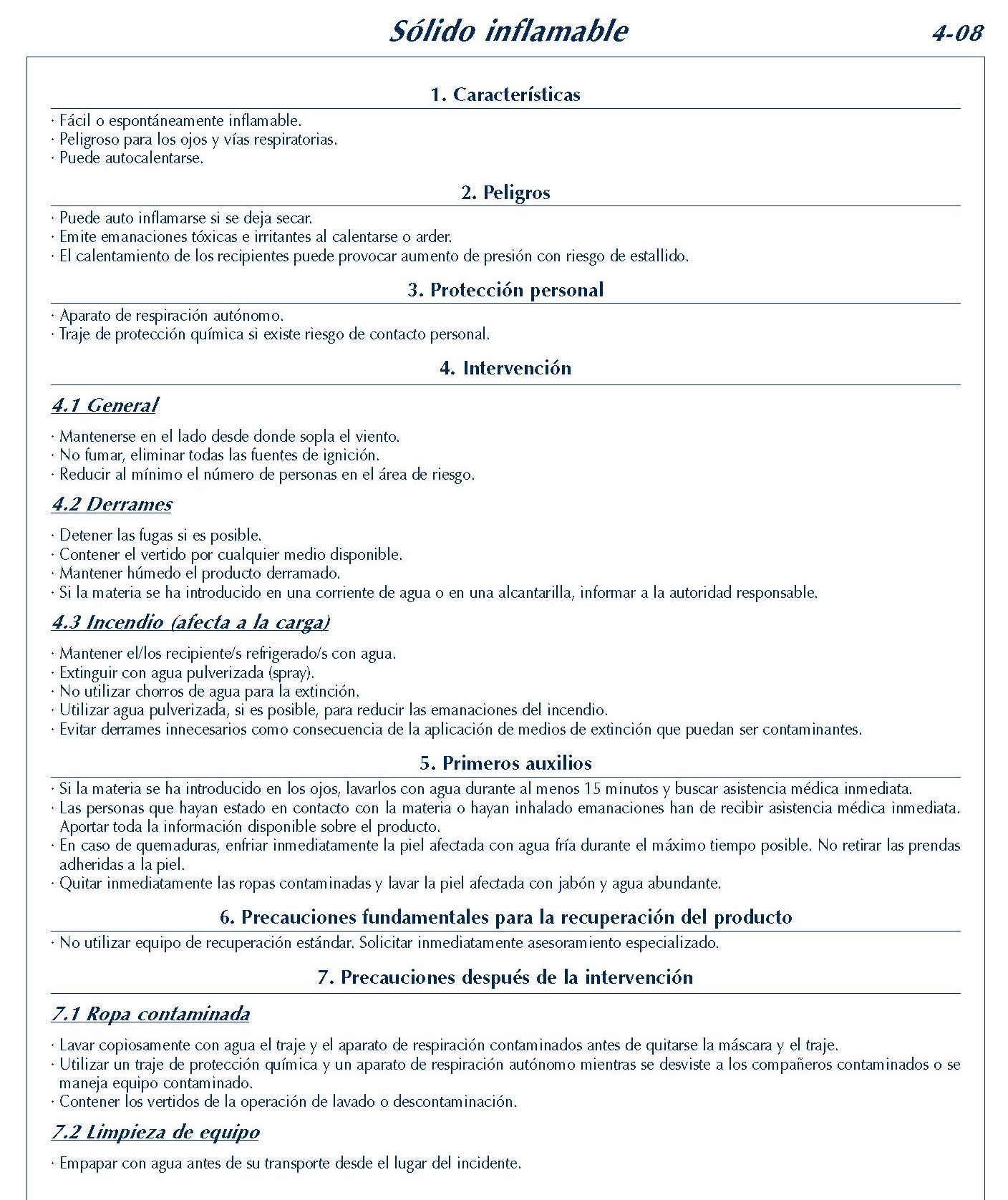 MERCANCIAS PELIGROSAS 192 FICHA 4-08 SOLIDO INFLAMABLE FICHAS EMERGENCIA 2004