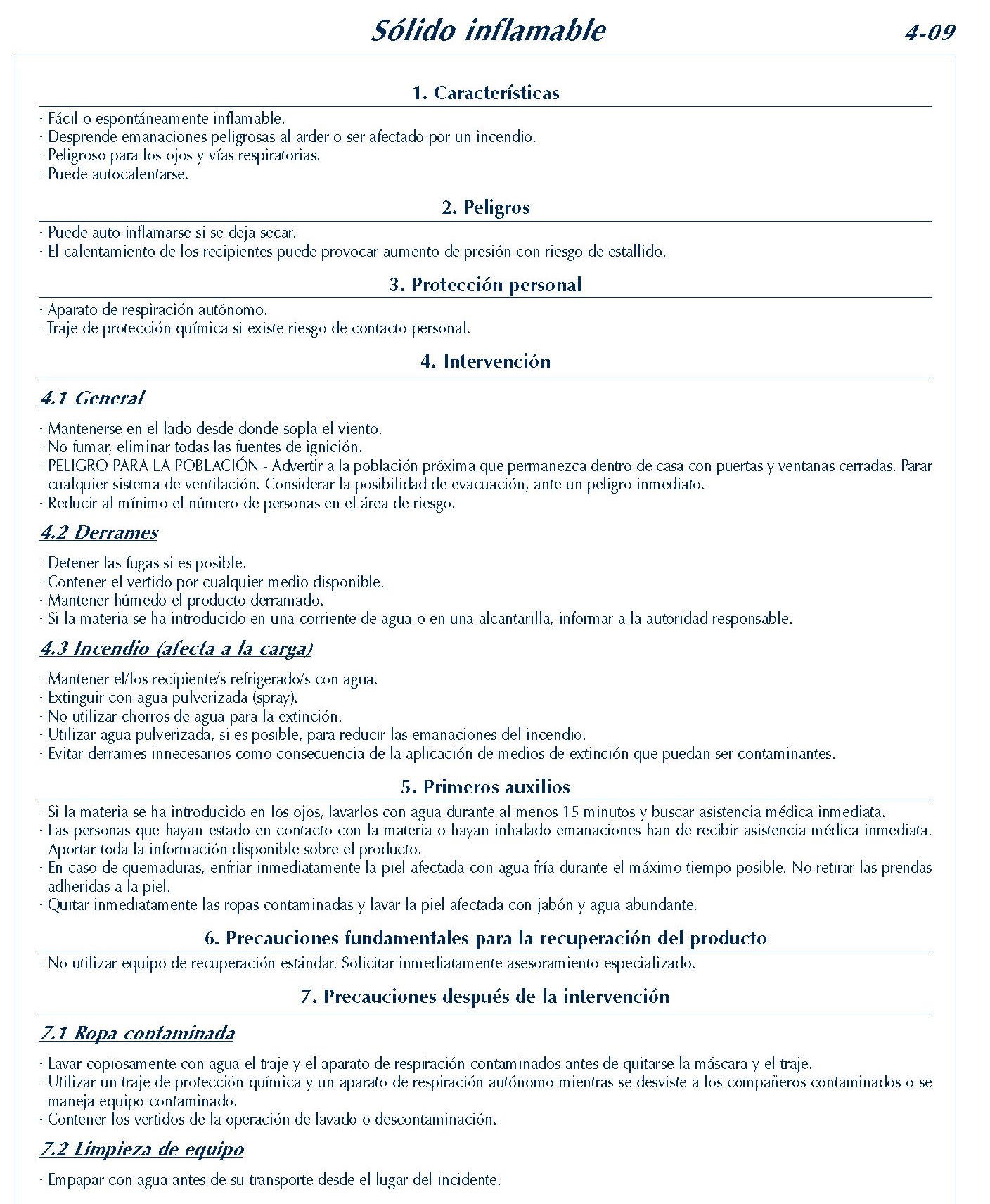 MERCANCIAS PELIGROSAS 193 FICHA 4-09 SOLIDO INFLAMABLE FICHAS EMERGENCIA 2004