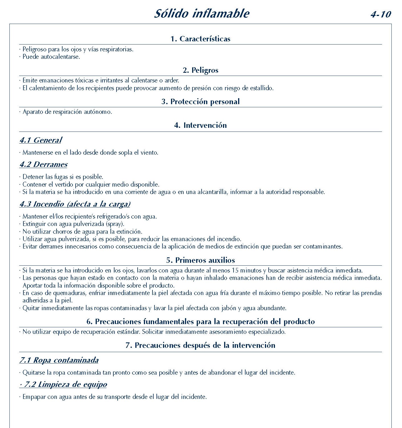 MERCANCIAS PELIGROSAS 194 FICHA 4-10 SOLIDO INFLAMABLE FICHAS EMERGENCIA 2004