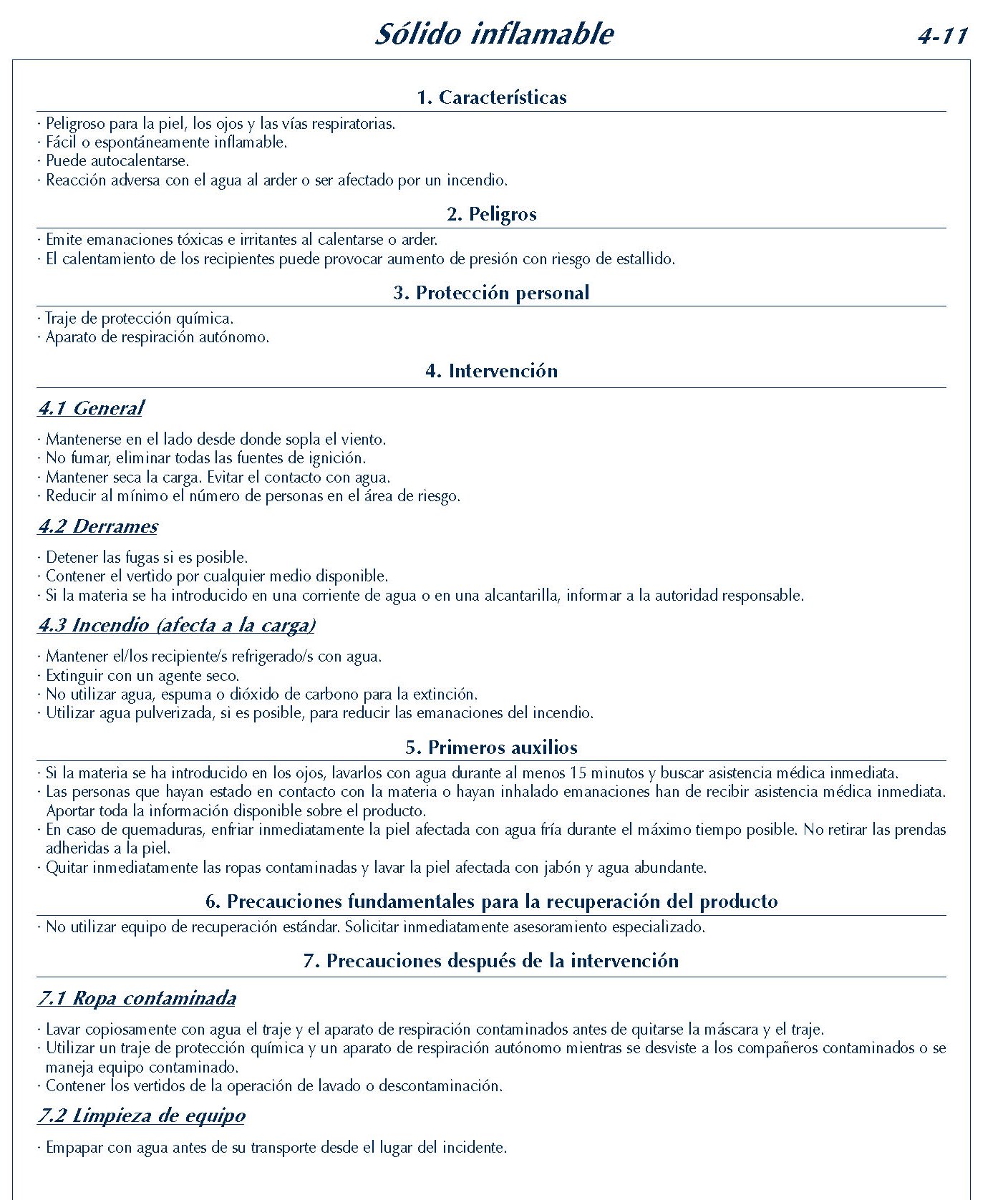 MERCANCIAS PELIGROSAS 195 FICHA 4-11 SOLIDO INFLAMABLE FICHAS EMERGENCIA 2004