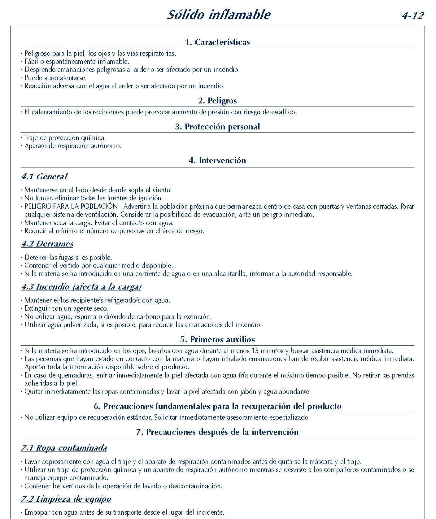 MERCANCIAS PELIGROSAS 196 FICHA 4-12 SOLIDO INFLAMABLE FICHAS EMERGENCIA 2004