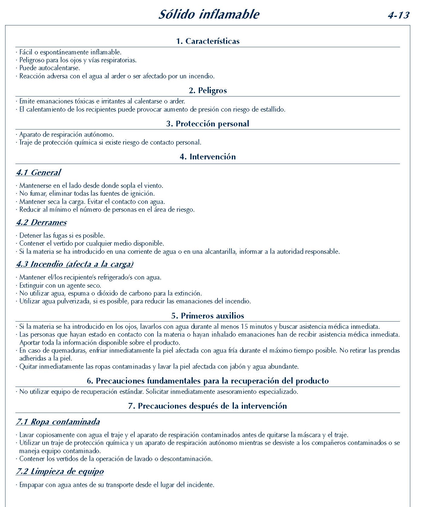 MERCANCIAS PELIGROSAS 197 FICHA 4-13 SOLIDO INFLAMABLE FICHAS EMERGENCIA 2004