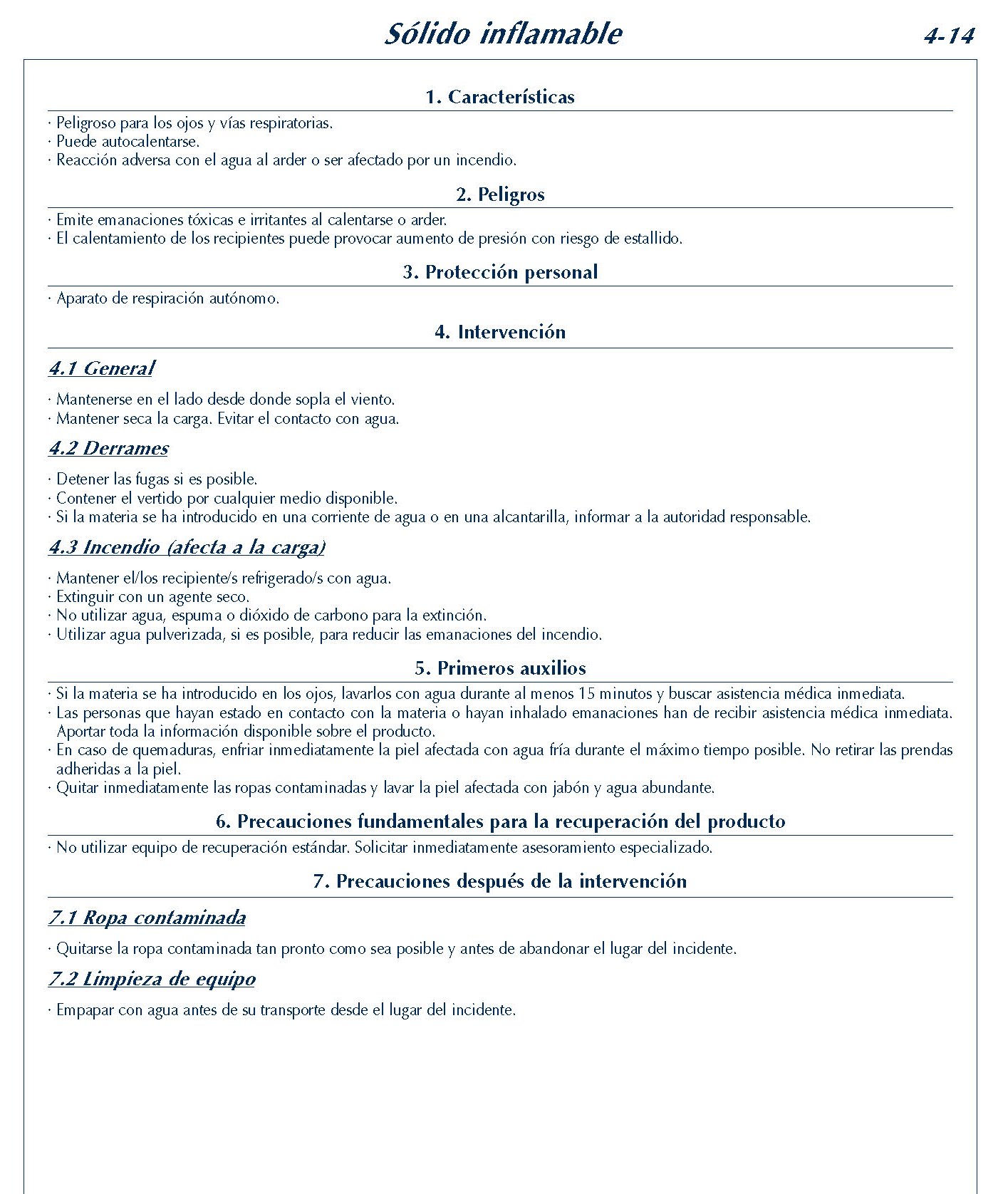 MERCANCIAS PELIGROSAS 198 FICHA 4-14 SOLIDO INFLAMABLE FICHAS EMERGENCIA 2004