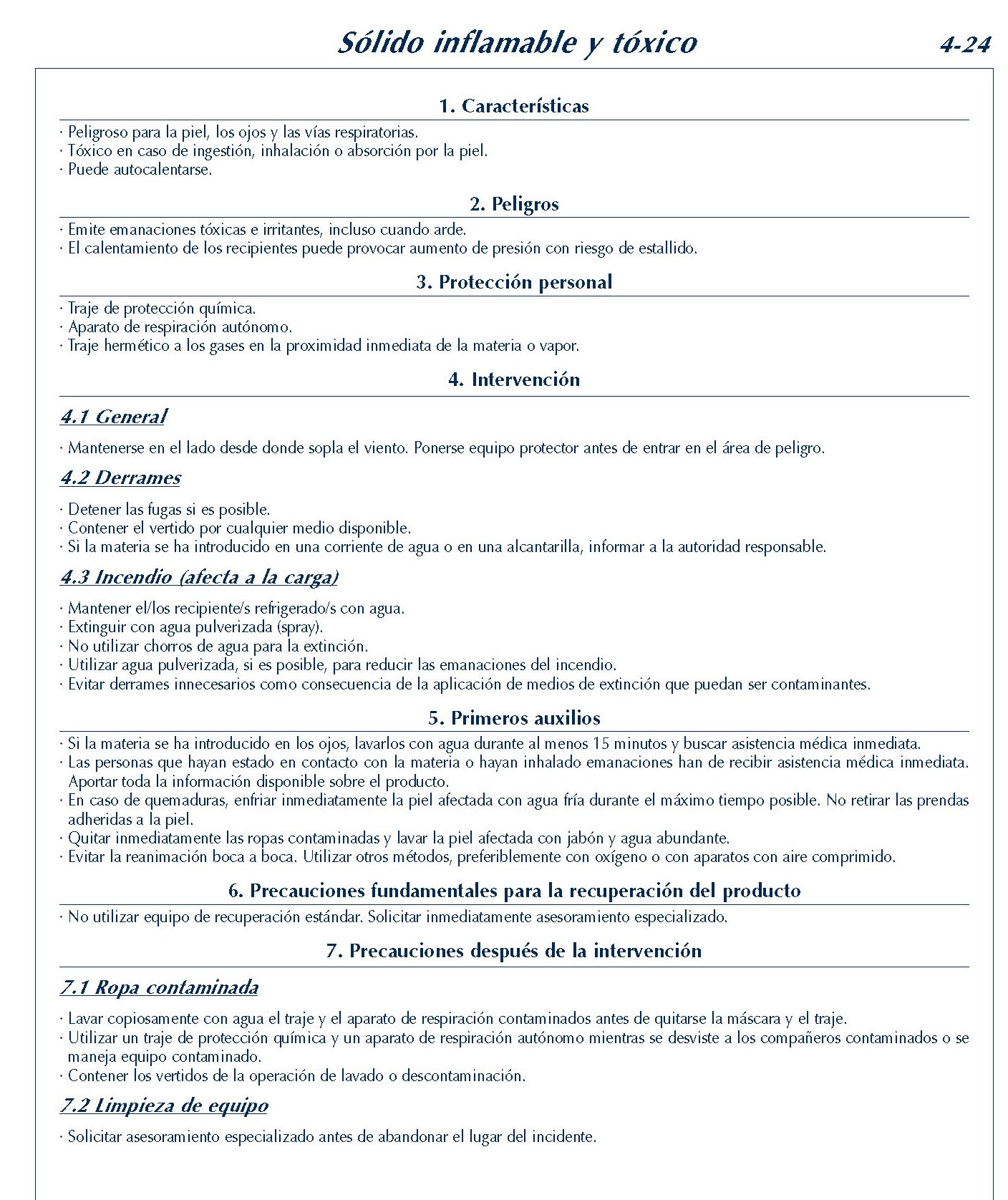 MERCANCIAS PELIGROSAS 207 FICHA 4-24 SOLIDO INFLAMABLE TOXICO FICHAS EMERGENCIA 2004