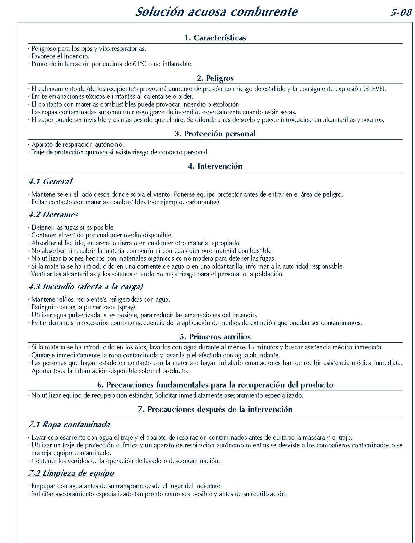 MERCANCIAS PELIGROSAS 223 FICHA 5-08 SOLUCION ACUOSA COMBURENTE FICHAS EMERGENCIA 2004