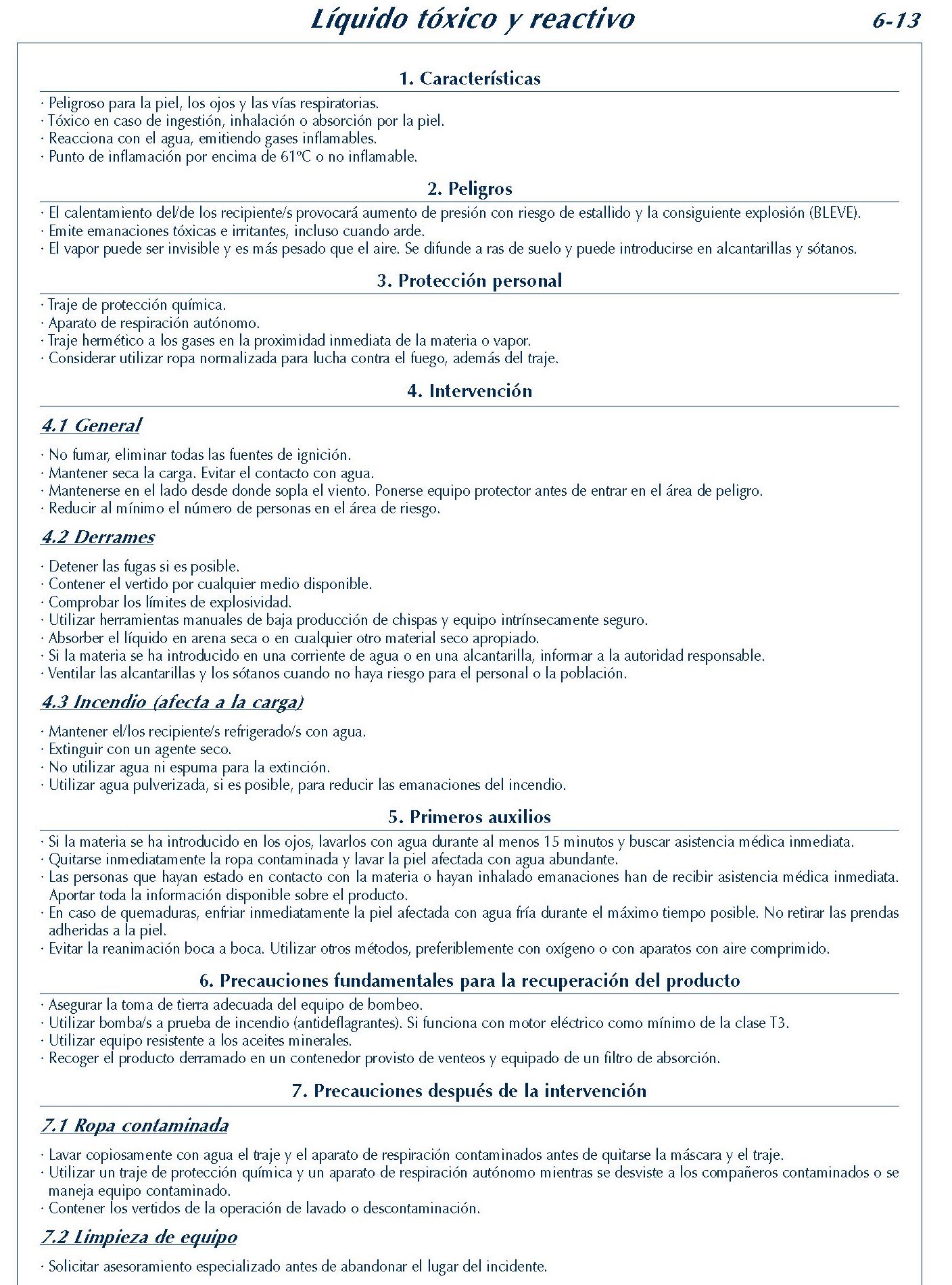 MERCANCIAS PELIGROSAS 250 FICHA 6-13 LIQUIDO TOXICO REACTIVO FICHAS EMERGENCIA 2004