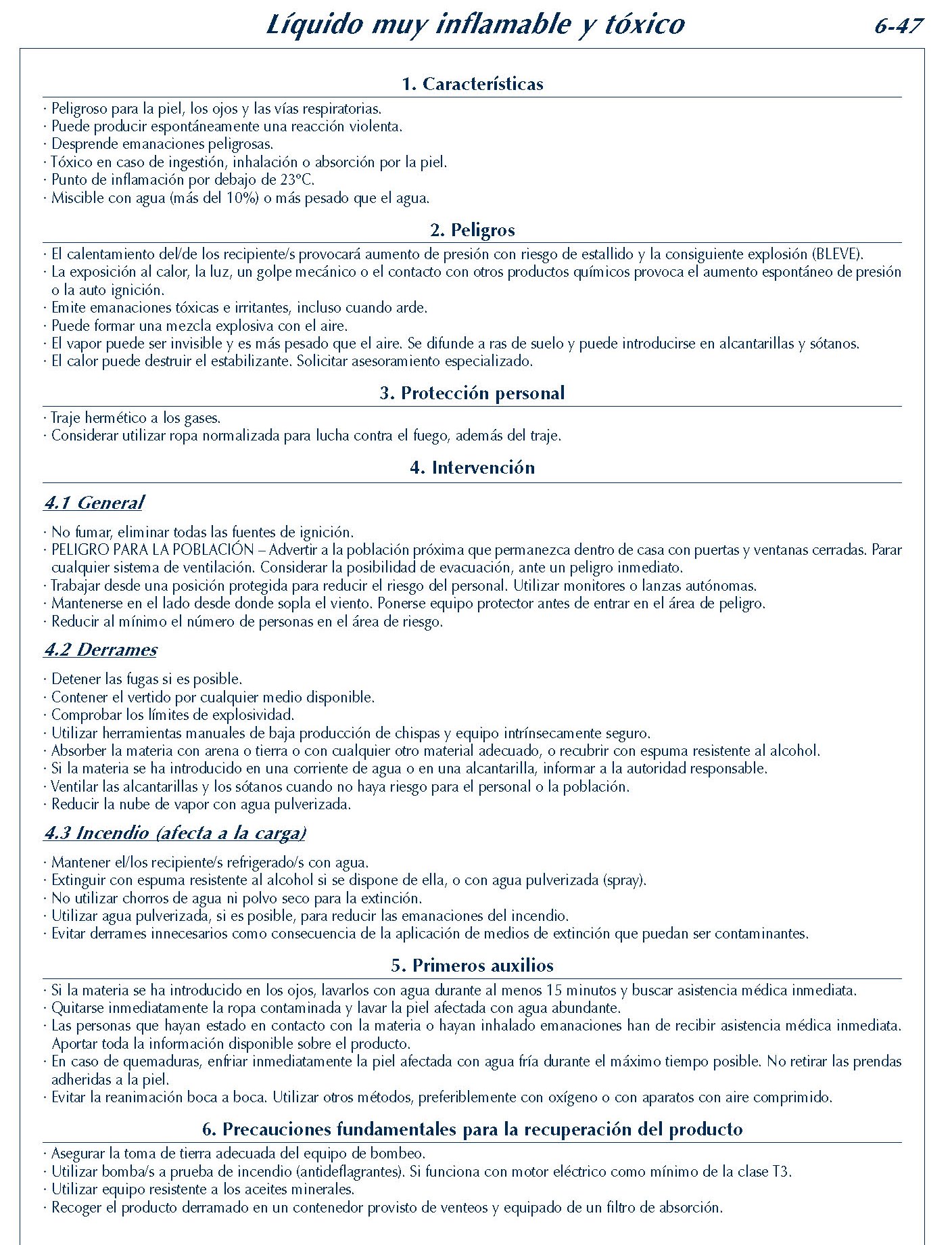 MERCANCIAS PELIGROSAS 286 FICHA 6-47 LIQUIDO MUY INFLAMABLE TOXICO FICHAS EMERGENCIA 2004
