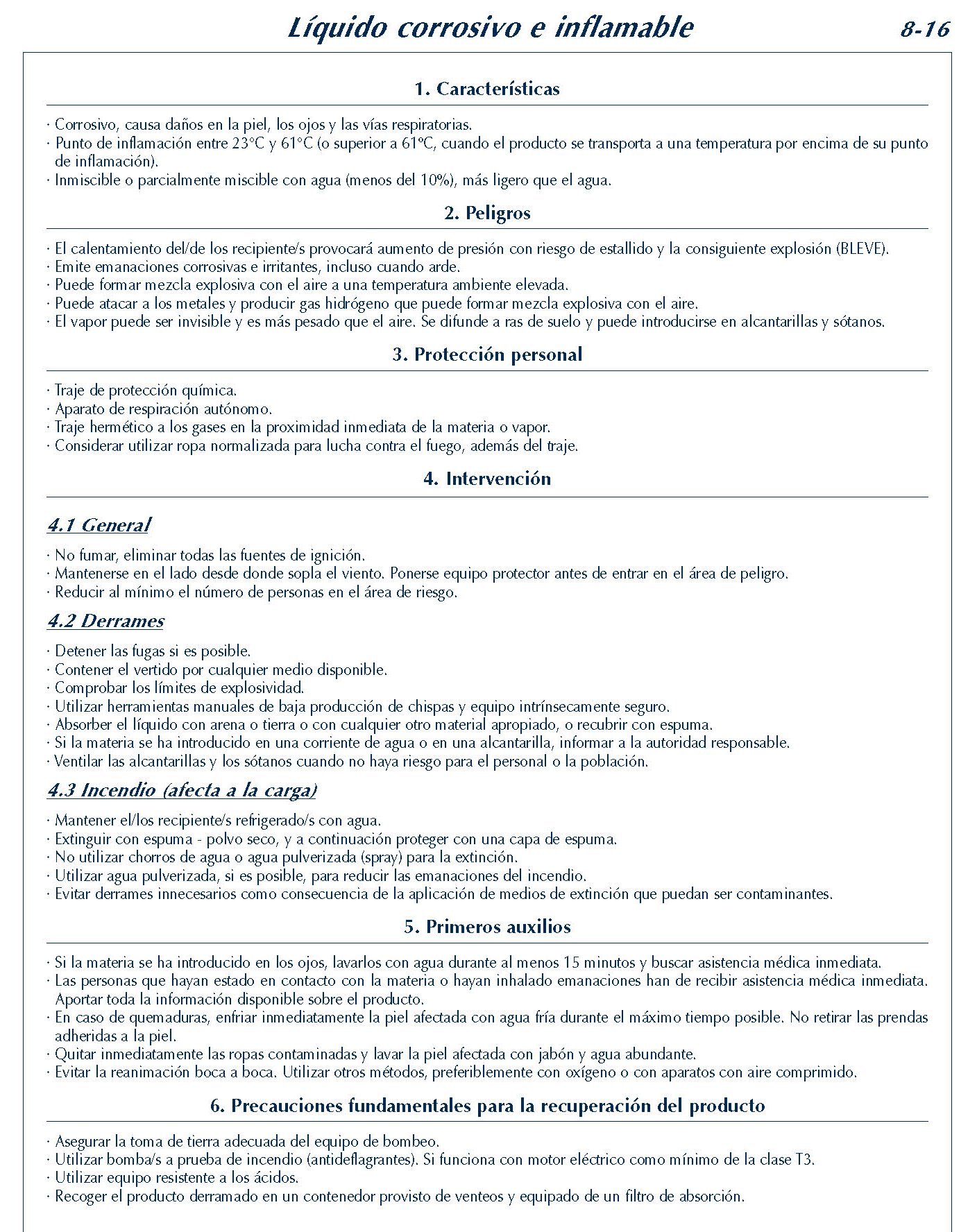 MERCANCIAS PELIGROSAS 316 FICHA 8-16 LIQUIDO CORROSIVO INFLAMABLE FICHAS EMERGENCIA 2004