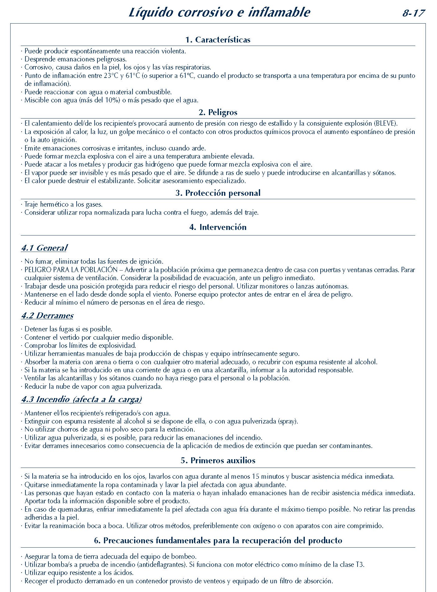 MERCANCIAS PELIGROSAS 318 FICHA 8-17 LIQUIDO CORROSIVO INFLAMABLE FICHAS EMERGENCIA 2004