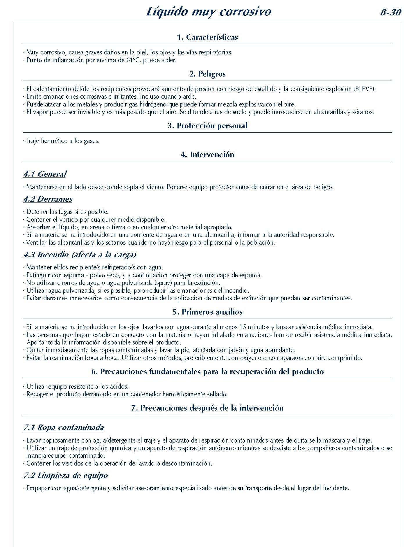 MERCANCIAS PELIGROSAS 330 FICHA 8-30 LIQUIDO MUY CORROSIVO FICHAS EMERGENCIA 2004